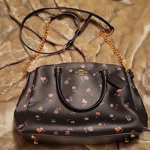 Coach Floral Field Black Leather Rowan Medium Satchel Handbag Purse Crossbody